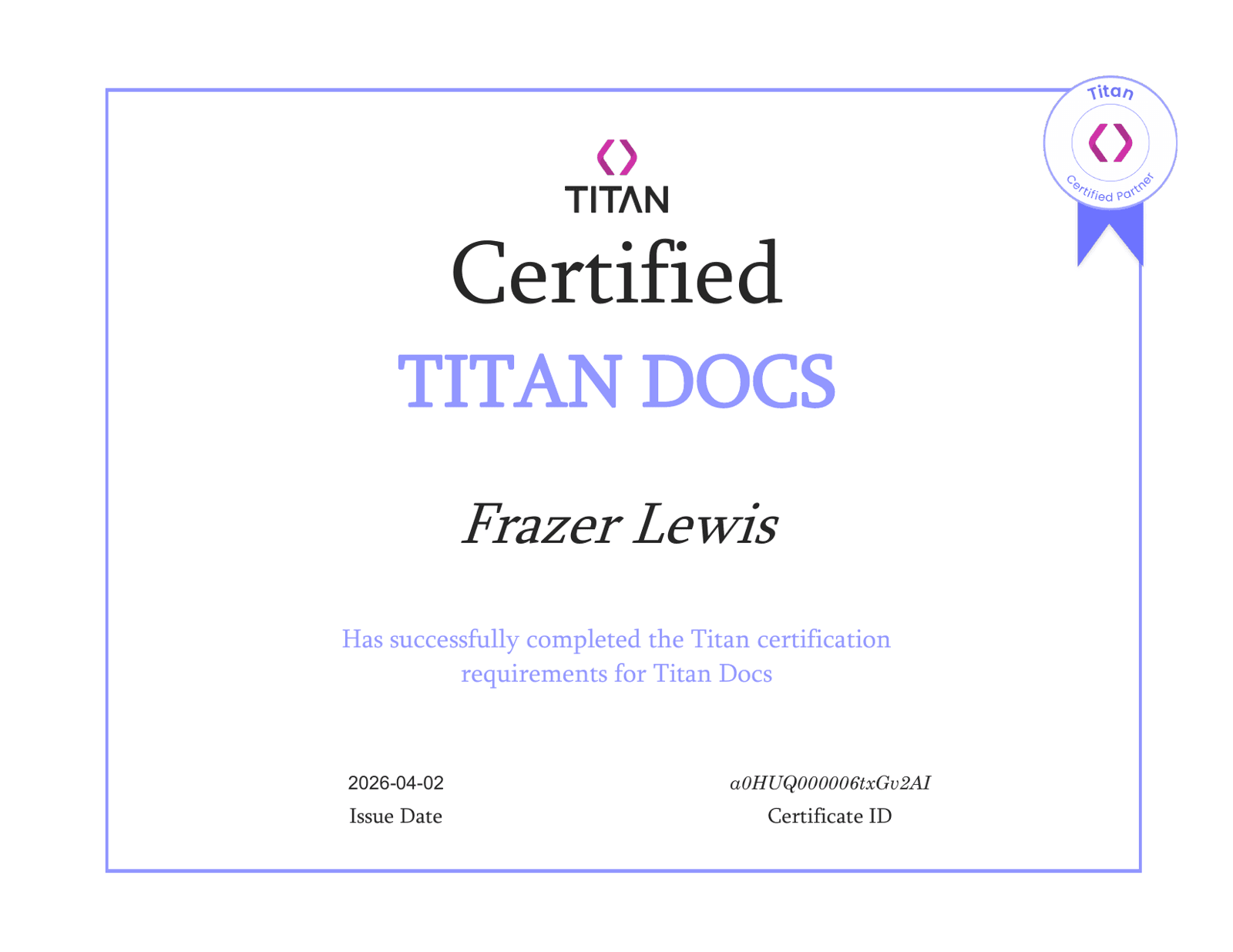 Frazer Lewis - Titan Documents Certification